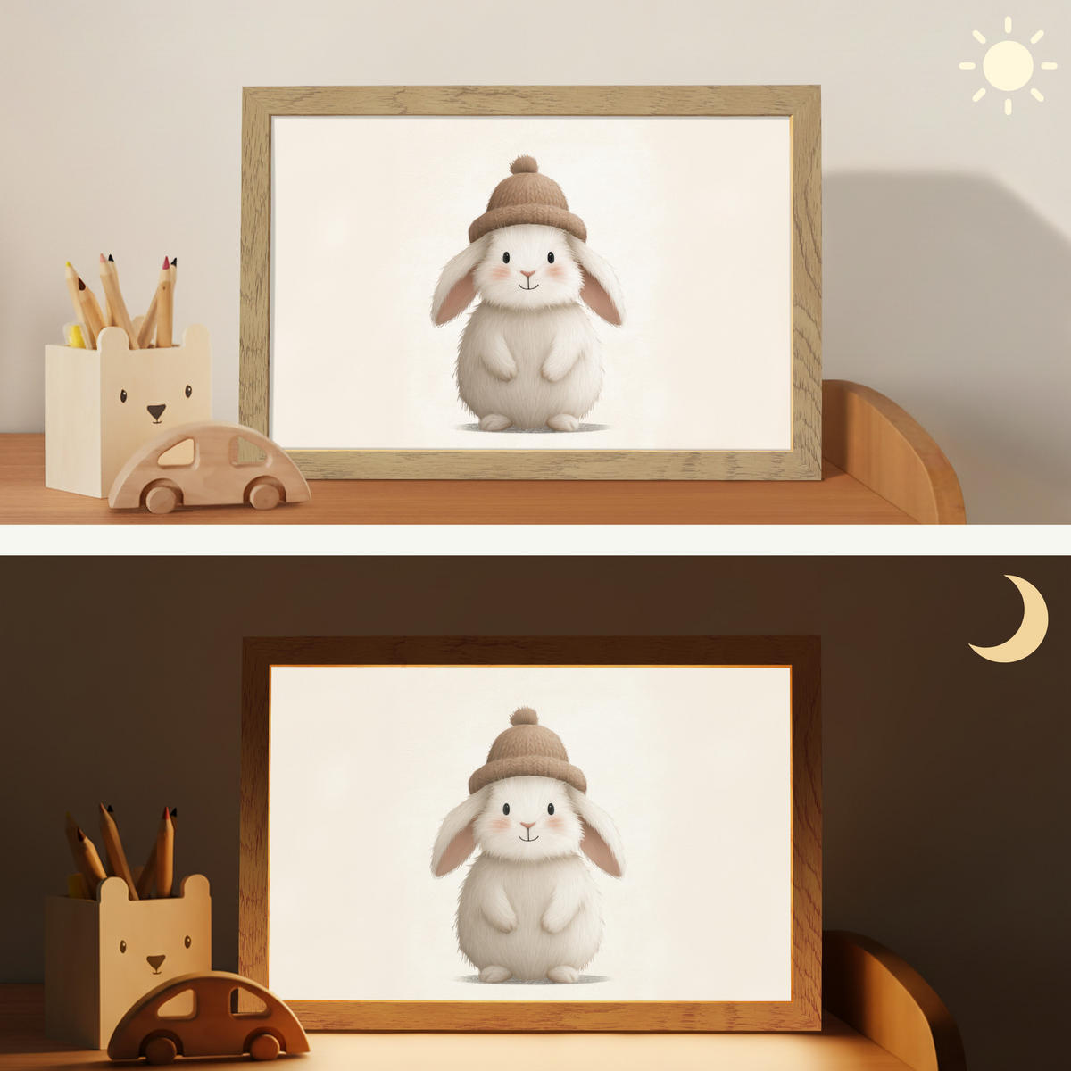 NACHTTISCHLAMPE Kaninchen - Hut - Ohren - Beige 30x20 cm - Creme, Holzwerkstoff (8/30/20cm)