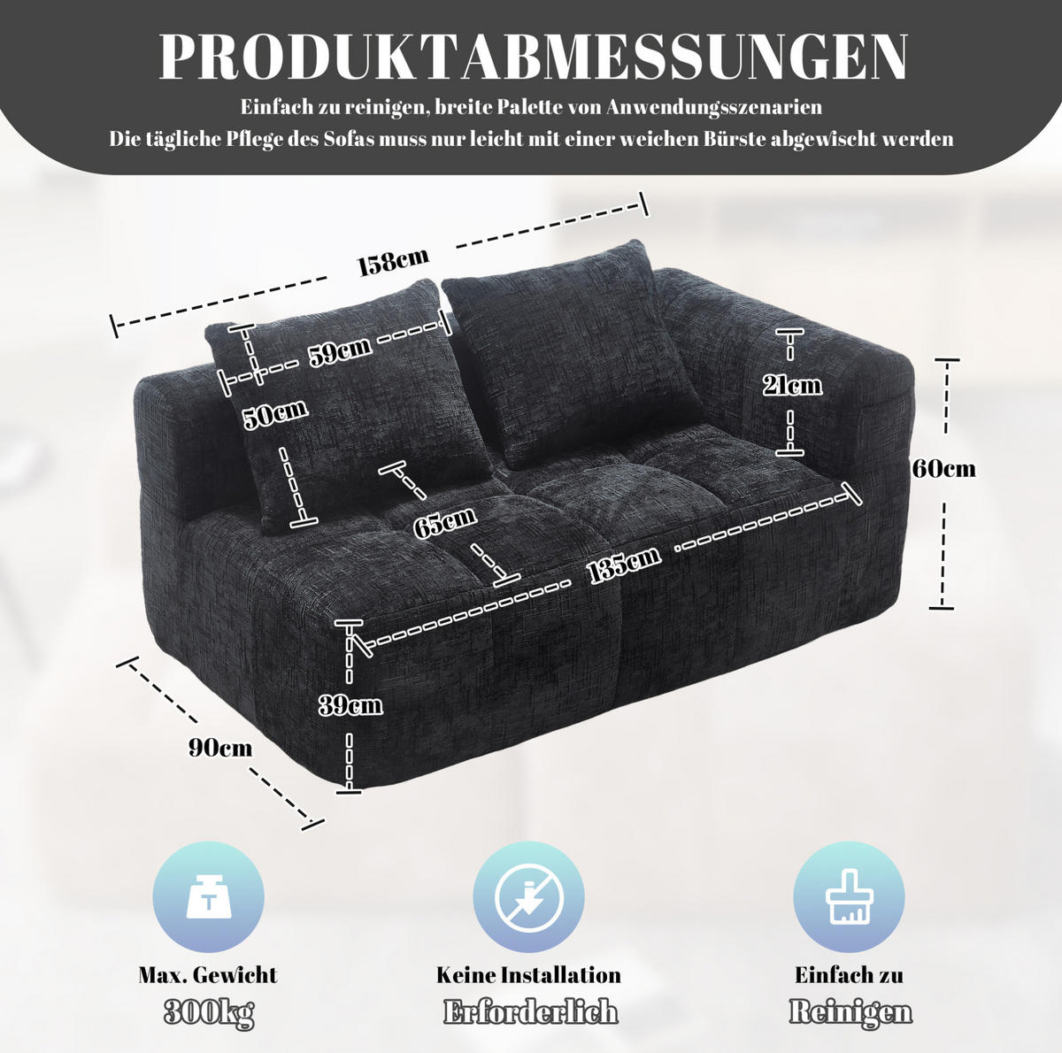 2-SITZER 158/90/60 cm Schwarz aus Chenille mit Seitentaschen - Schwarz, Textil (90/60/158cm) - OKMYHOME