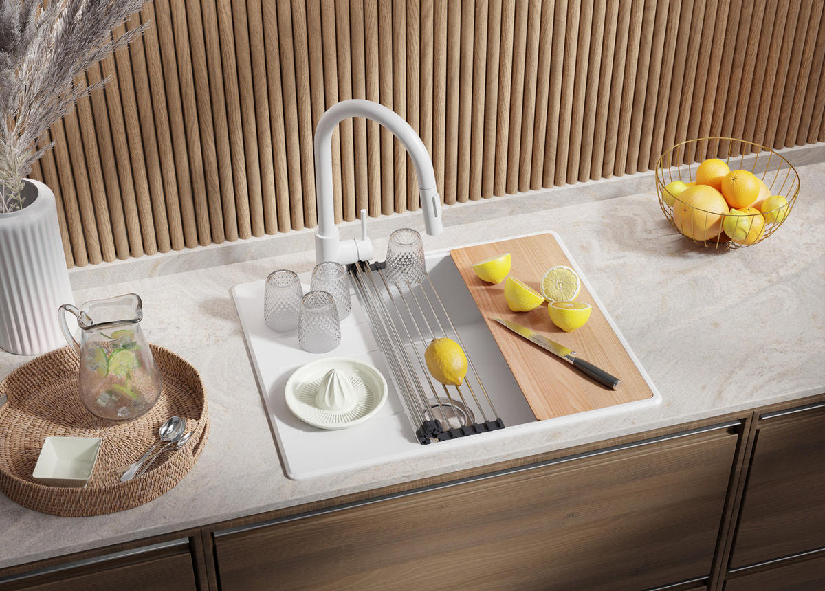 GRANITSPÜLE Kopenhagen, 2-er set Alles Weiß 62/50 cm 1 Becken + Küchenarmatur 32/20 cm + Ablauf-Set + Schneidebrett ab 50er Unterschrank - Beige/Weiß, Kunststoff (62/20/50cm) - Primagran