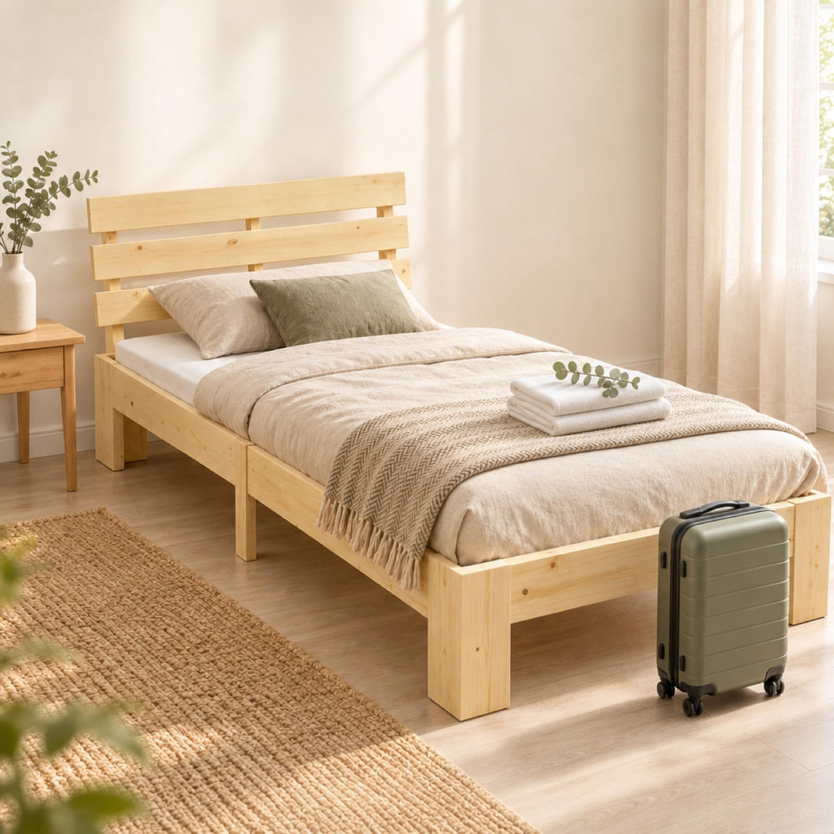 BETT Natur Massivholz Kiefer mit Lattenrost 90x200 cm - Hellbraun, Holz - Relaxdays