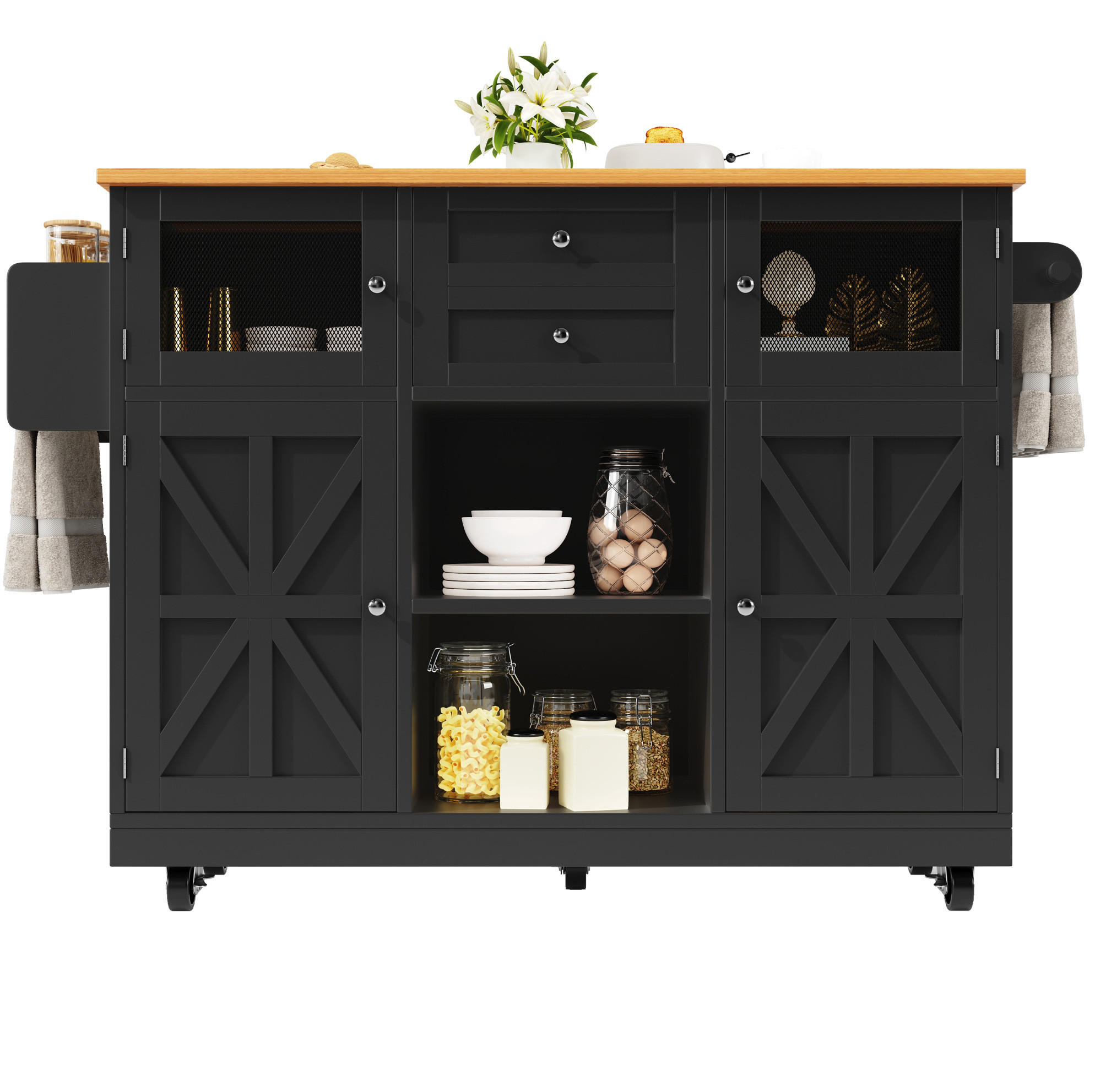 KÜCHENINSEL/SERVIERWAGEN aus MDF mit klappbarer Tischplatte, 140/40/70/93,5 cm, Schwarz - Schwarz, Holzwerkstoff (140/93.5/40cm) - Redom