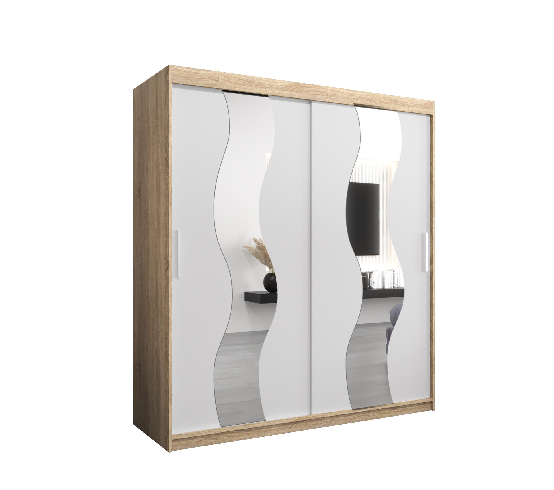 Abiks Möbel Schwebetürenschrank Sonoma Eiche, Weiß 180x200x62 cm