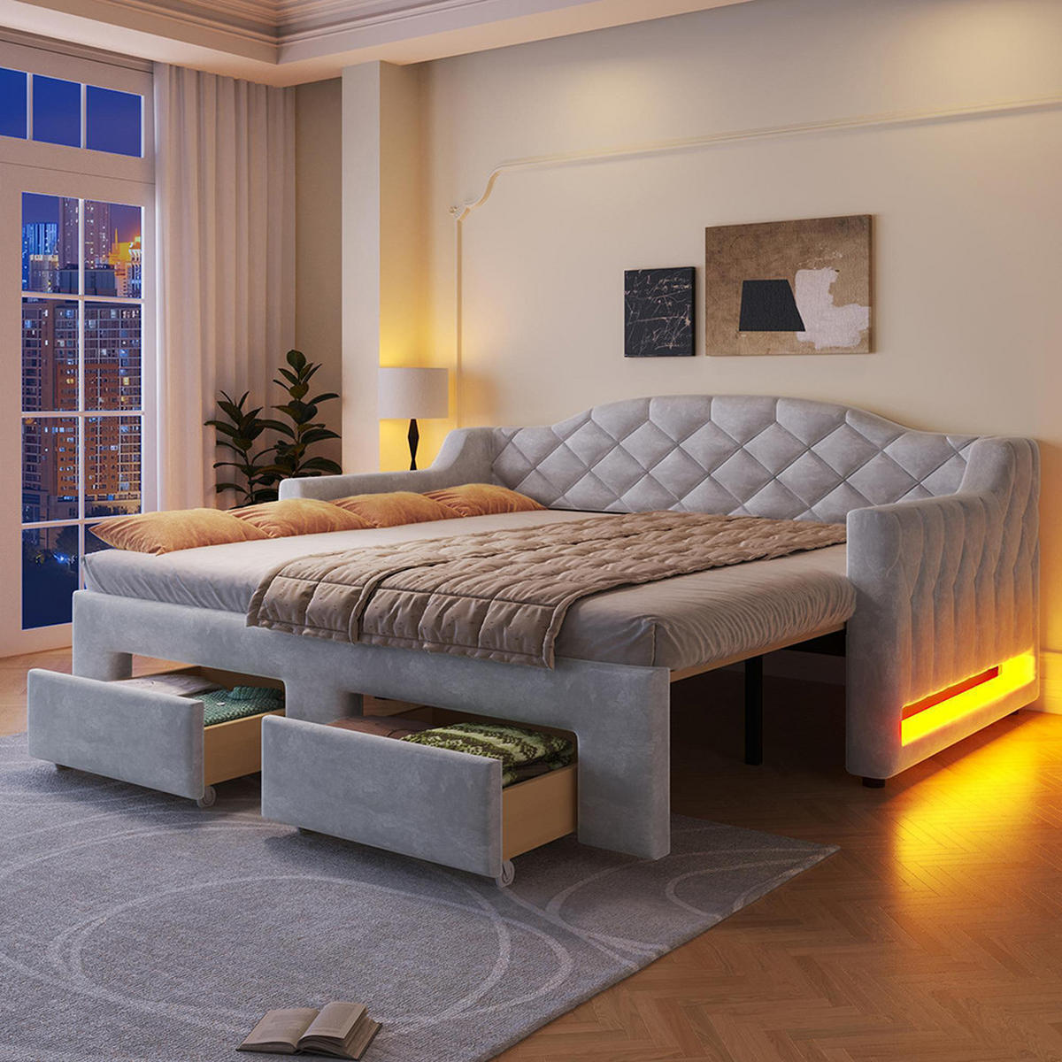 TAGESBETT 90x200 bis 180x200 cm mit zwei Schubladen und LED-Beleuchtung, Grau - Grau, Holz (90/200cm) - KOMHTOM