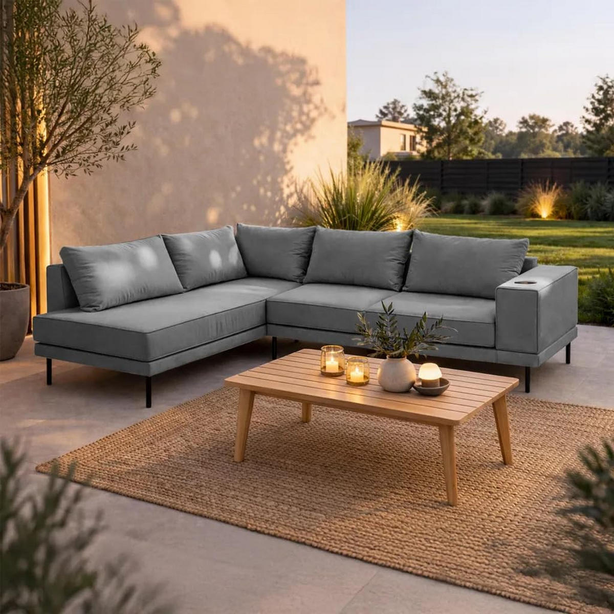 GARTEN-ECKSOFA VOLARO S Wetterfest 270x200x50 cm, Links, Outdoor-Stoff, Getränkehalter aus Metall, 20 cm hohe Füße, Dunkelgrau - Dunkelgrau, Holz/Metall (200/50/270cm) - Trada