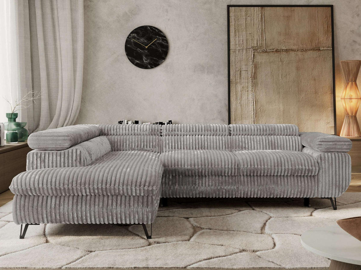 ECKSOFA PABLO L Hellgrau Cord - Links Seite mit T25 Topper - Hellgrau/Schwarz, Textil/Metall (208/273cm) - MKS