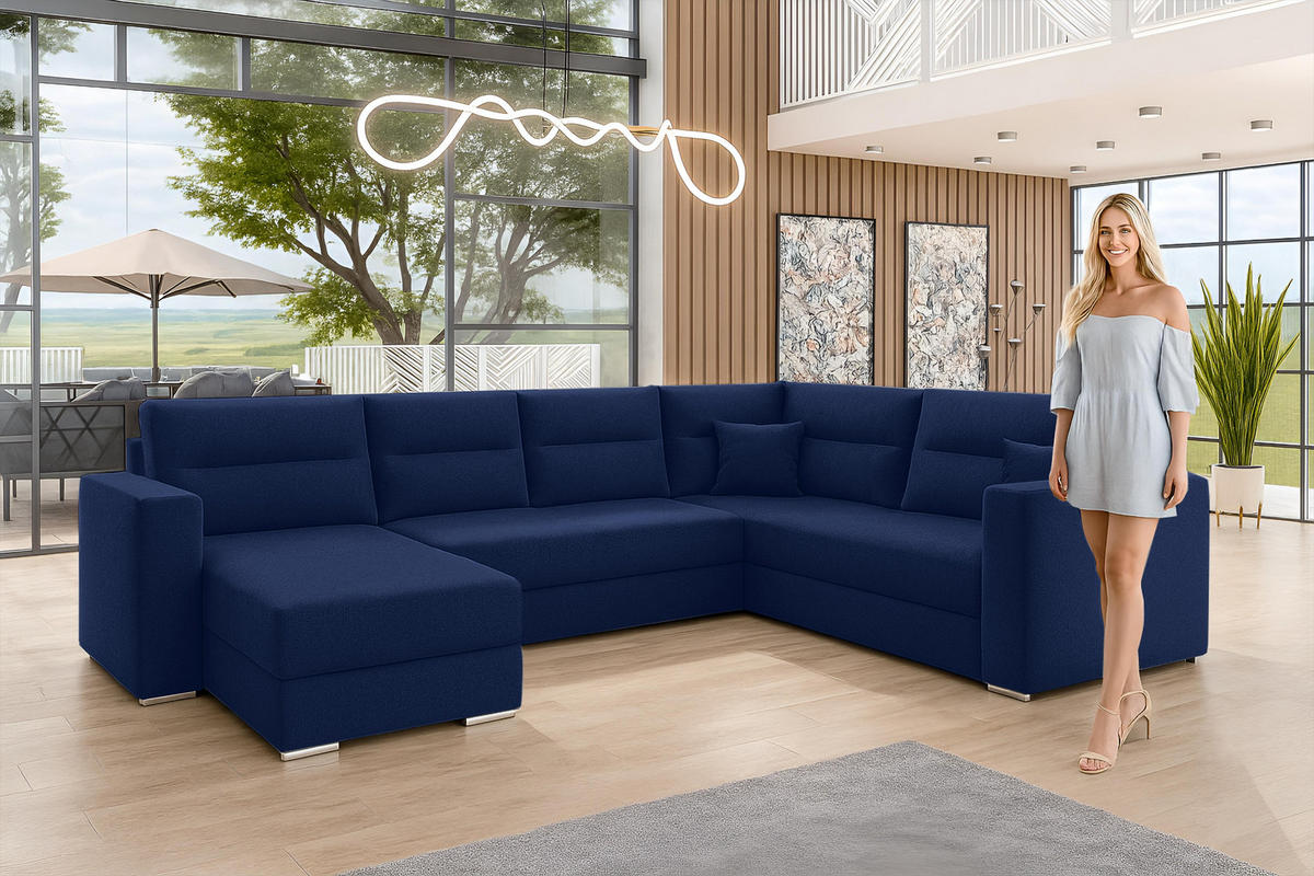 WOHNLANDSCHAFT Lovere Dunkelblau 314/217/90 cm mit Schlaffunktion Bettkasten Modern - Schwarz/Dunkelblau, Kunststoff/Textil (314/90/217cm) - AX Living