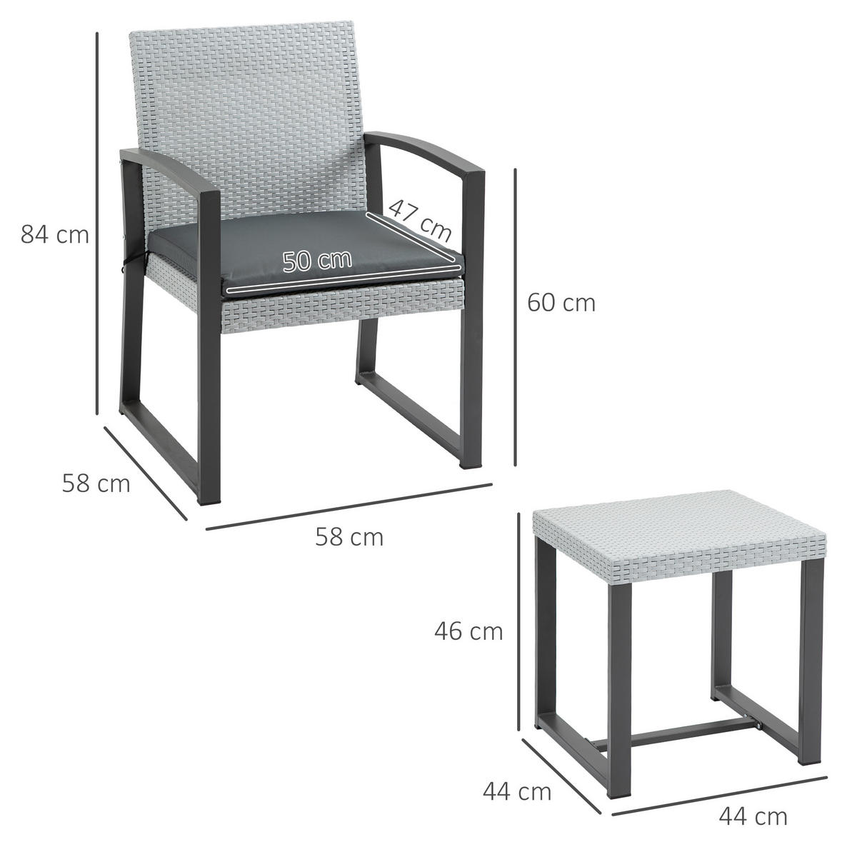 POLYRATTAN Bistroset, 3-tlg., Stahl - Grau, Metall - Outsunny