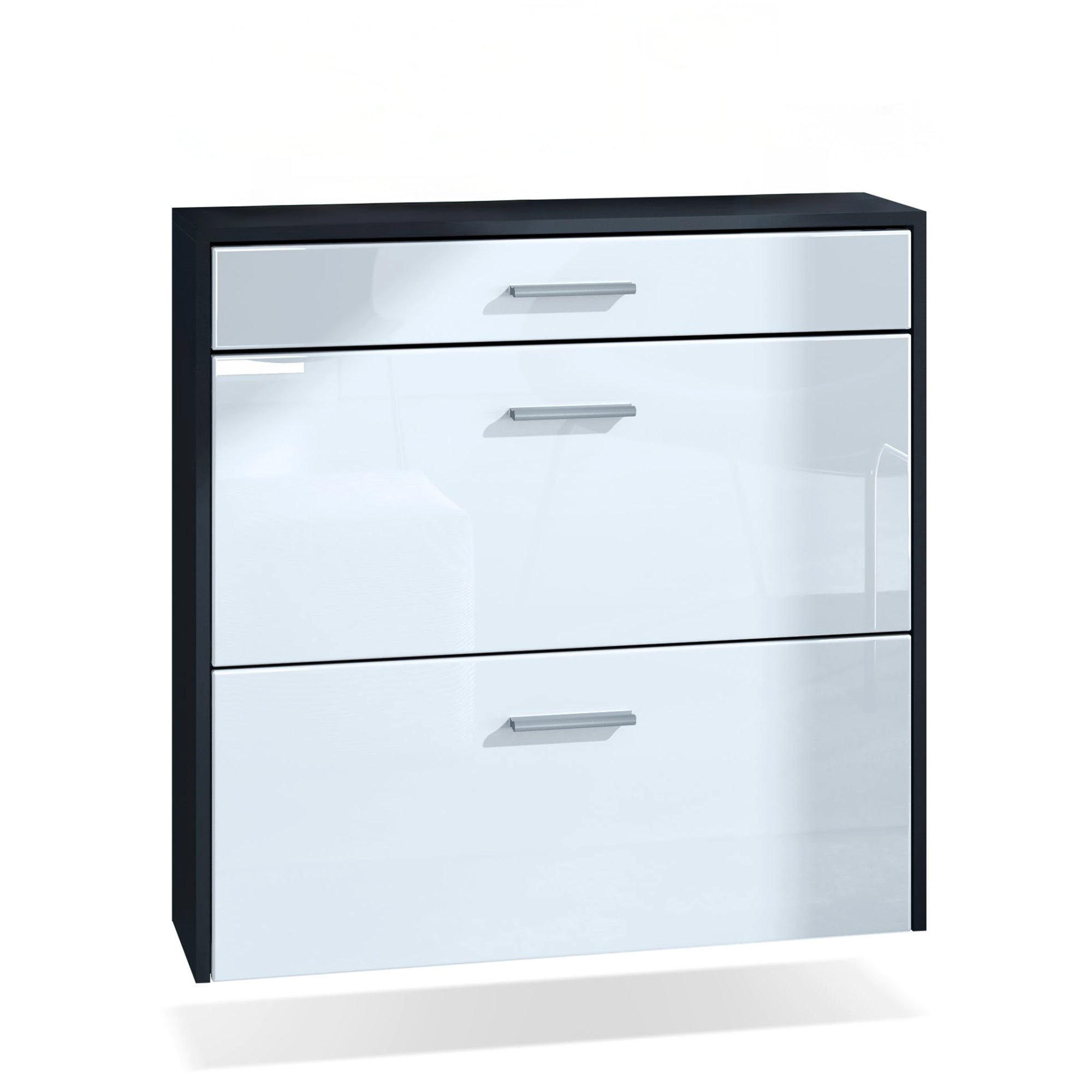 HÄNGENDER-SCHUHSCHRANK Roma Air Schmal mit 2 Klappen und 1 Schublade, Platzsparender Schuhkipper, Schwarz/Weiß Hochglanz (89 x 87 x 23 cm) - Weiß Hochglanz, Holzwerkstoff (89/87/23cm) - InnoFurn