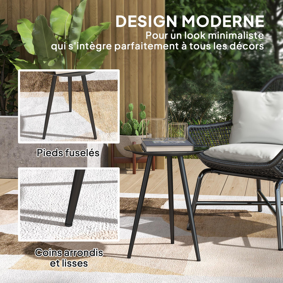 GARTENBEISTELLTISCH DE-14127 rund Ø40x50 cm, Glasplatte Schwarz - Schwarz, Metall (40/40/50cm) - ComfortXL