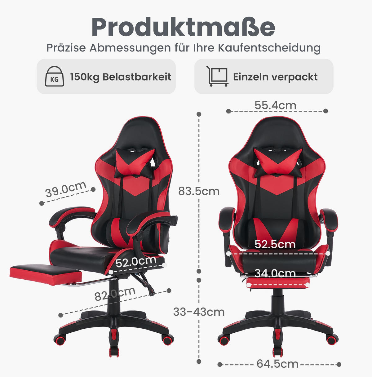 DREHSTUHL B64 / T58 / H116.5-126 cm, Rennsport-Design, gepolstertes PVC-Leder, höhenverstellbar und drehbar, Schwarz/Rot - Rot, Kunststoff (58/116.5/64.5cm) - Redom