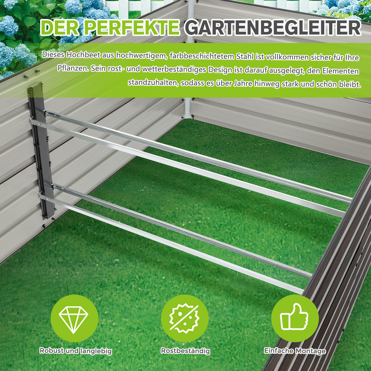 HOCHBEET 219/112/64 cm Holzmaserung mit Offene Basis - Naturfarben, Metall (112/64/219cm) - Oxeza