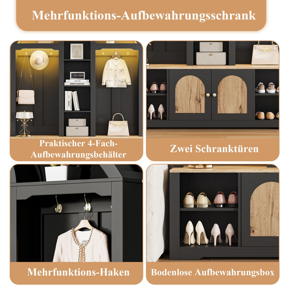 GARDEROBENSCHRANK multifunktional MDF Schuhregal Ablage Haken modern - Schwarz, Holzwerkstoff (40/195/150cm) - FLIEKS