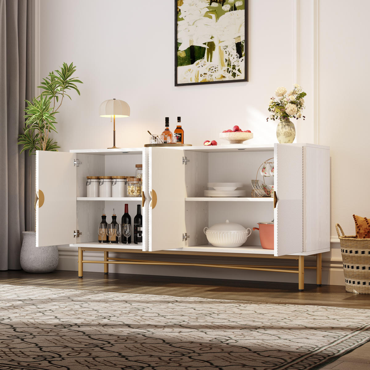 SIDEBOARD Weiß 4 Türen Gold Griffe Hochglanz 160x40x82cm - Weiß, Holzwerkstoff (40/82/160cm) - FLIEKS