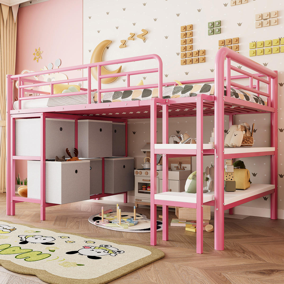 HOCHBETT 90/200 cm in Rosa mit Schubladen, Regalen und breiter Treppe - Rosa, Holzwerkstoff/Metall (90/200cm) - CHICFURN