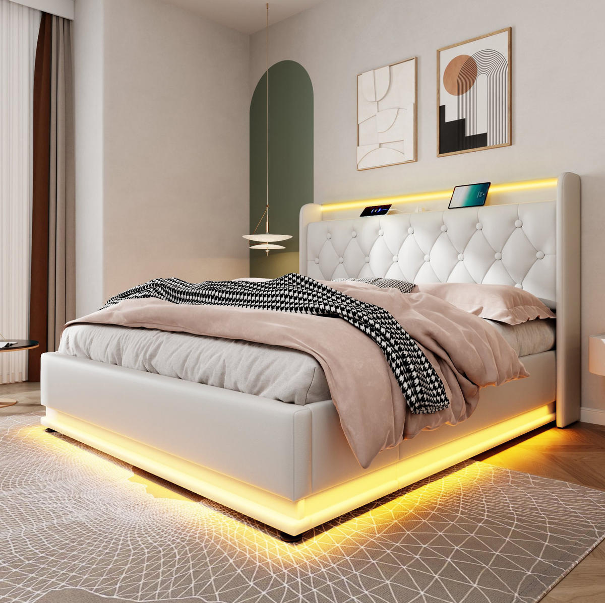 POLSTERBETT aus Kunstleder 160x200 cm in Weiß mit LED-Beleuchtung & USB-C-Ladefunktion - Weiß, Leder (160/200cm) - Modfu