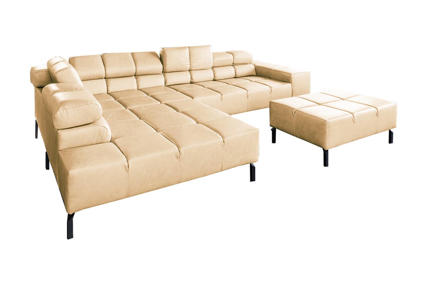 ECKSOFA NELSON Beige Leder Relaxfunktion - Beige/Schwarz, Leder/Metall (321/216cm) - KAWOLA