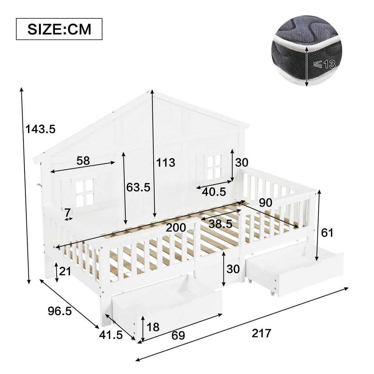 KINDERBETT 90x200 cm Haus Schubladen weiß - Weiß, Holz (90/200cm) - LEBENLANG