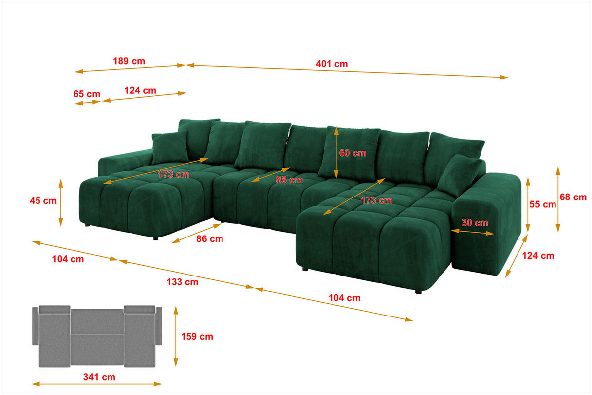 WOHNLANDSCHAFT ENIL-U 401x189x68 Dunkelgrün Velours - Dunkelgrün, Holzwerkstoff/Kunststoff (401/68/189cm) - ALTDECOR