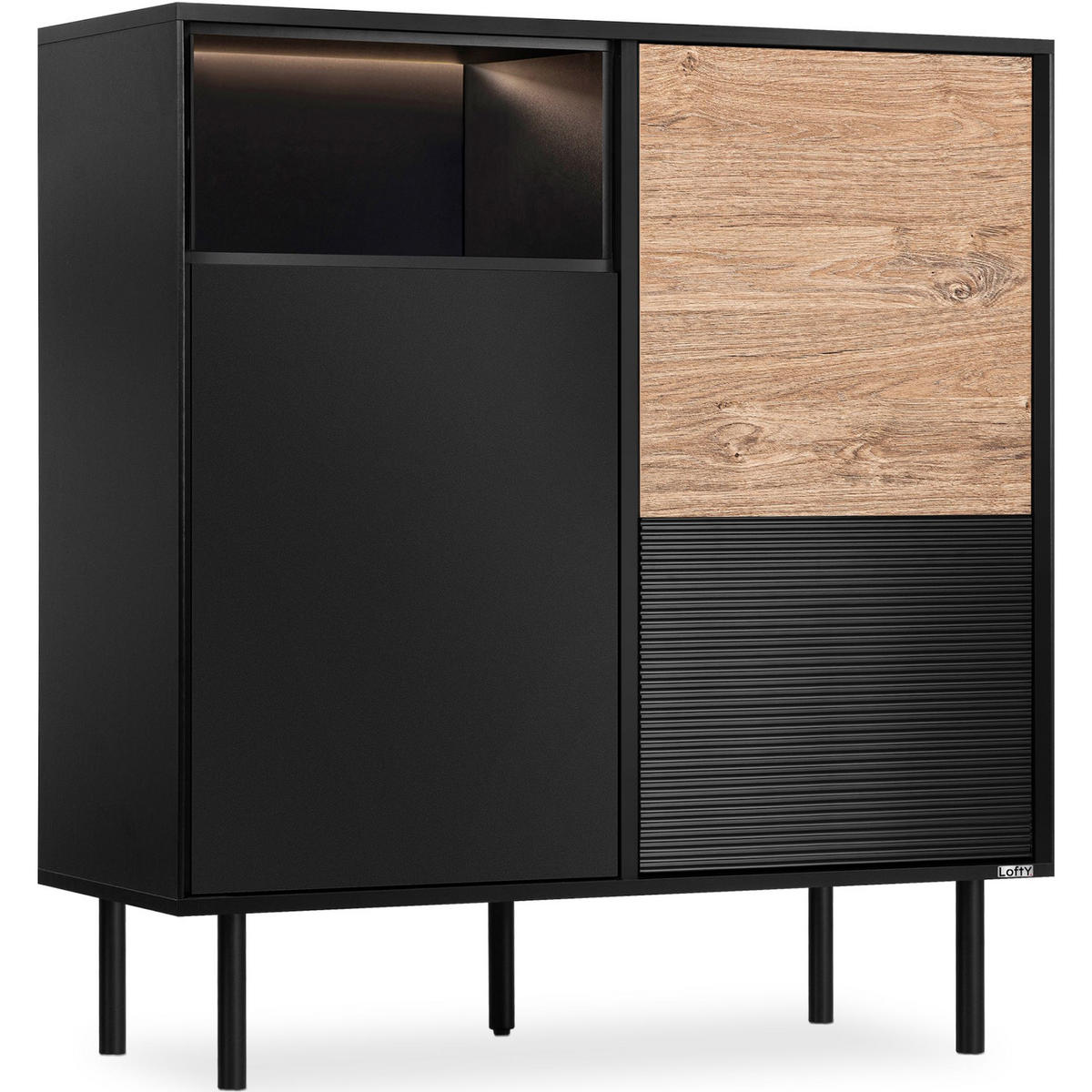 KOMMODE LOFTY Außenseiteneinlage, schwarz / Eiche natur - Eichefarben/Schwarz, Holzwerkstoff (102/109/41cm) - KONSIMO®