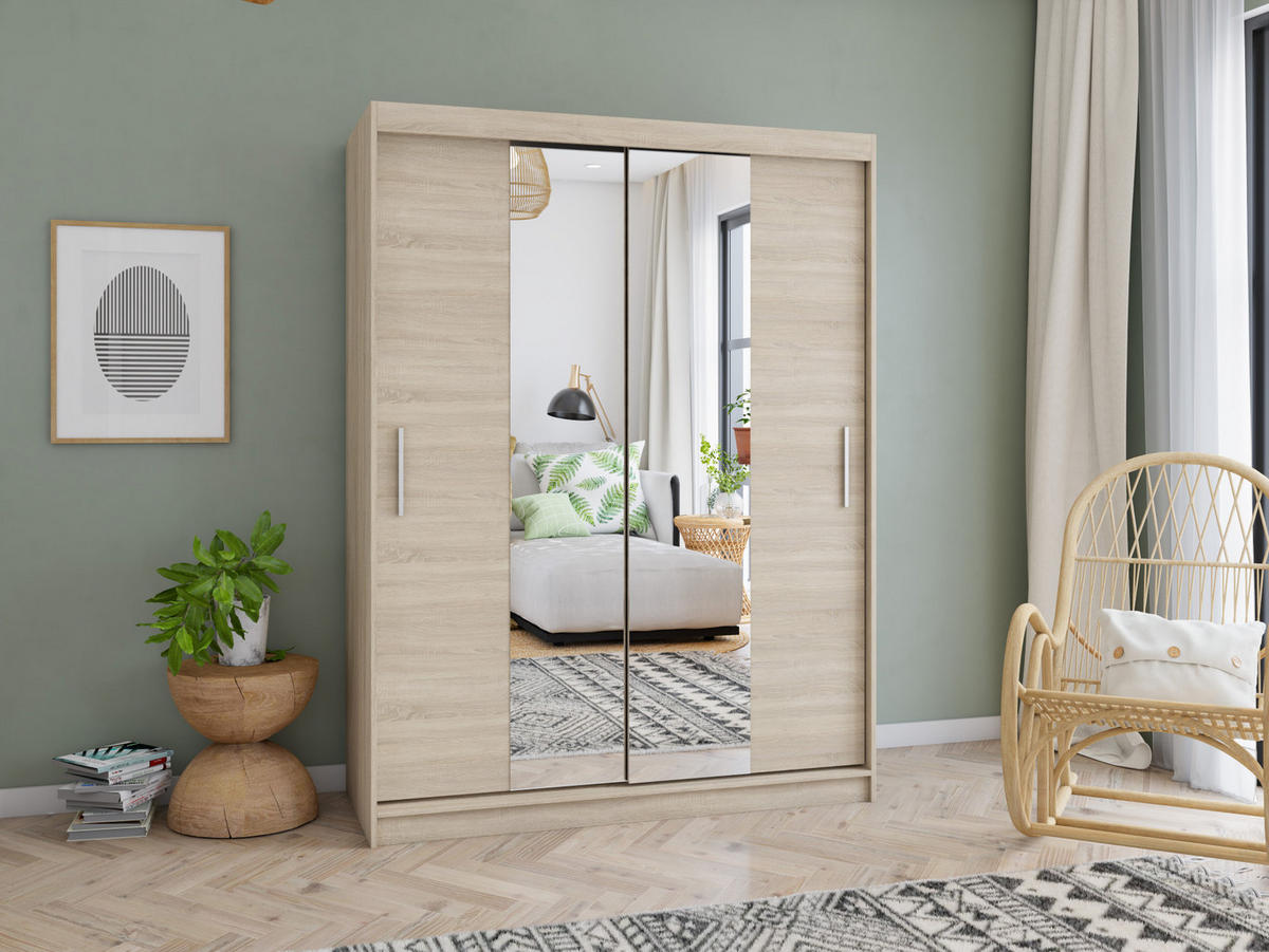 SCHWEBETÜRENSCHRANK Vista 01 Sonoma Eiche/Sonoma Eiche + Spiegel, mit LED - Beleuchtung 150 cm - Alufarben/Sonoma Eiche, Glas/Holzwerkstoff (150/200/61cm) - imoebel24