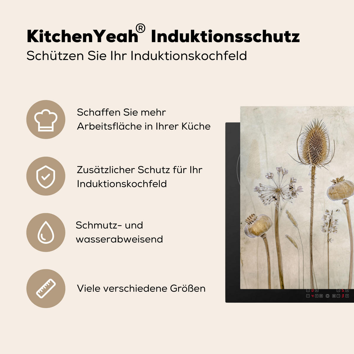 HERDABDECKPLATTE Blumen - Aquarell - Stilleben - Braun - Vintage 70x52 cm - Sandfarben, Kunststoff (70/0.2/52cm) - MuchoWow