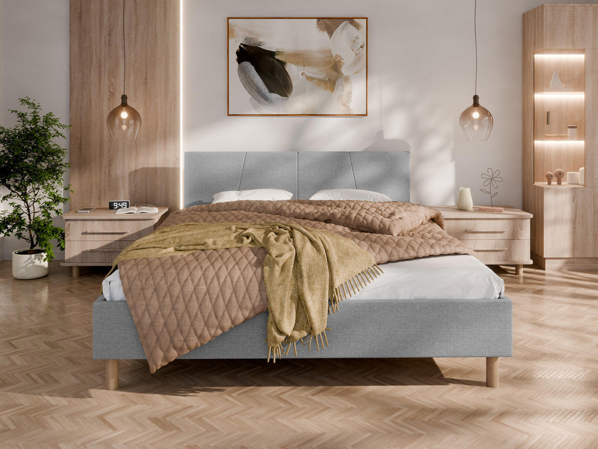 POLSTERBETT ALMORE 160x200cm Elegantes Polsterbett für modernen Wohnstil , 7-Zonen-Taschenfederkernmatratze CIRA (24 cm), hellgrau-2 - Blaugrau, Holz (160/200cm) - Panda Möbel