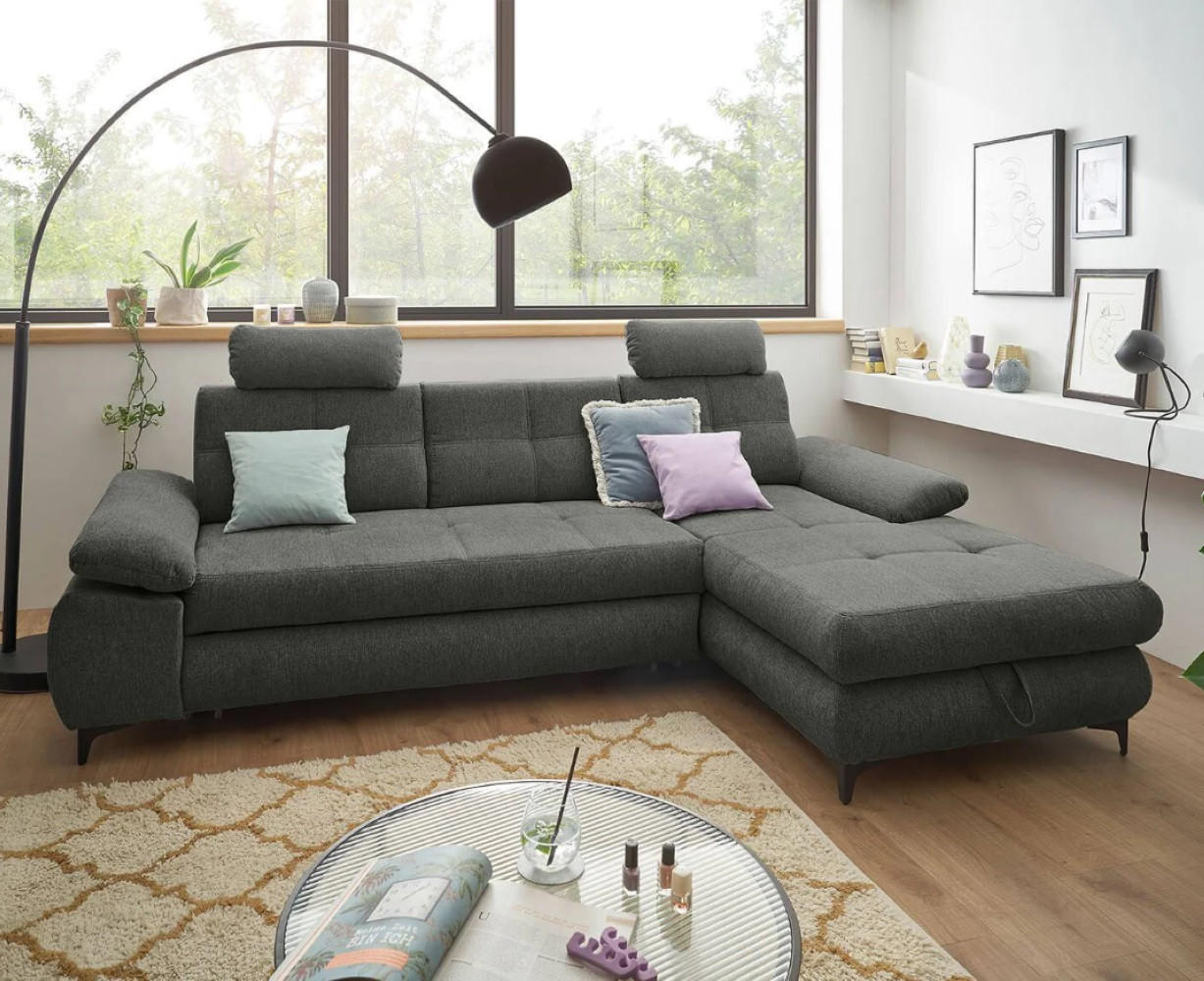 ECKSOFA mit Schlaffunktion und Bettkasten - Anthrazit/Schwarz, Kunststoff/Textil (177/274cm) - ed exciting design