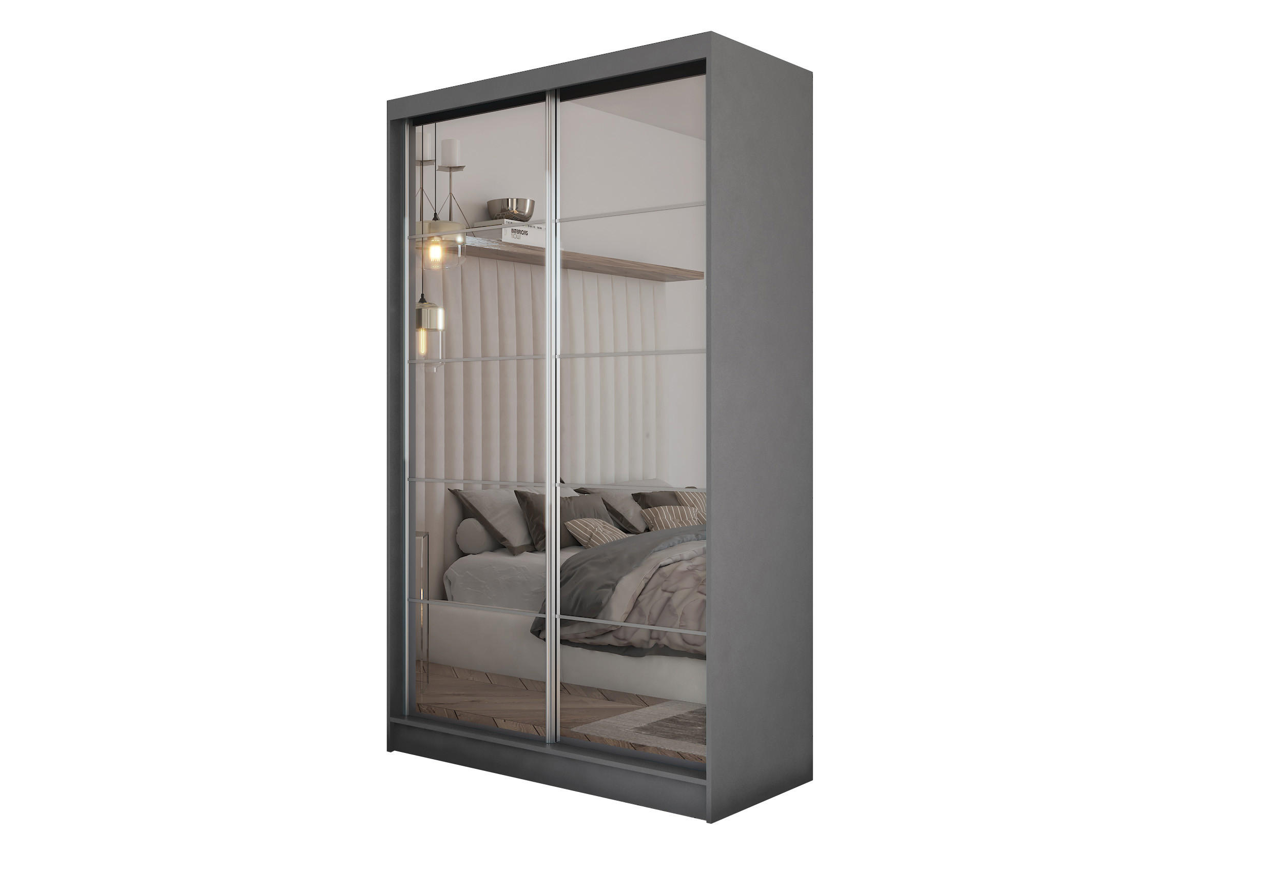 SCHWEBETÜRENSCHRANK FIORELLA 120/216/61 cm 2-türig mit Spiegel Grau - Grau, Holzwerkstoff (120/216/61cm) - MASSENO