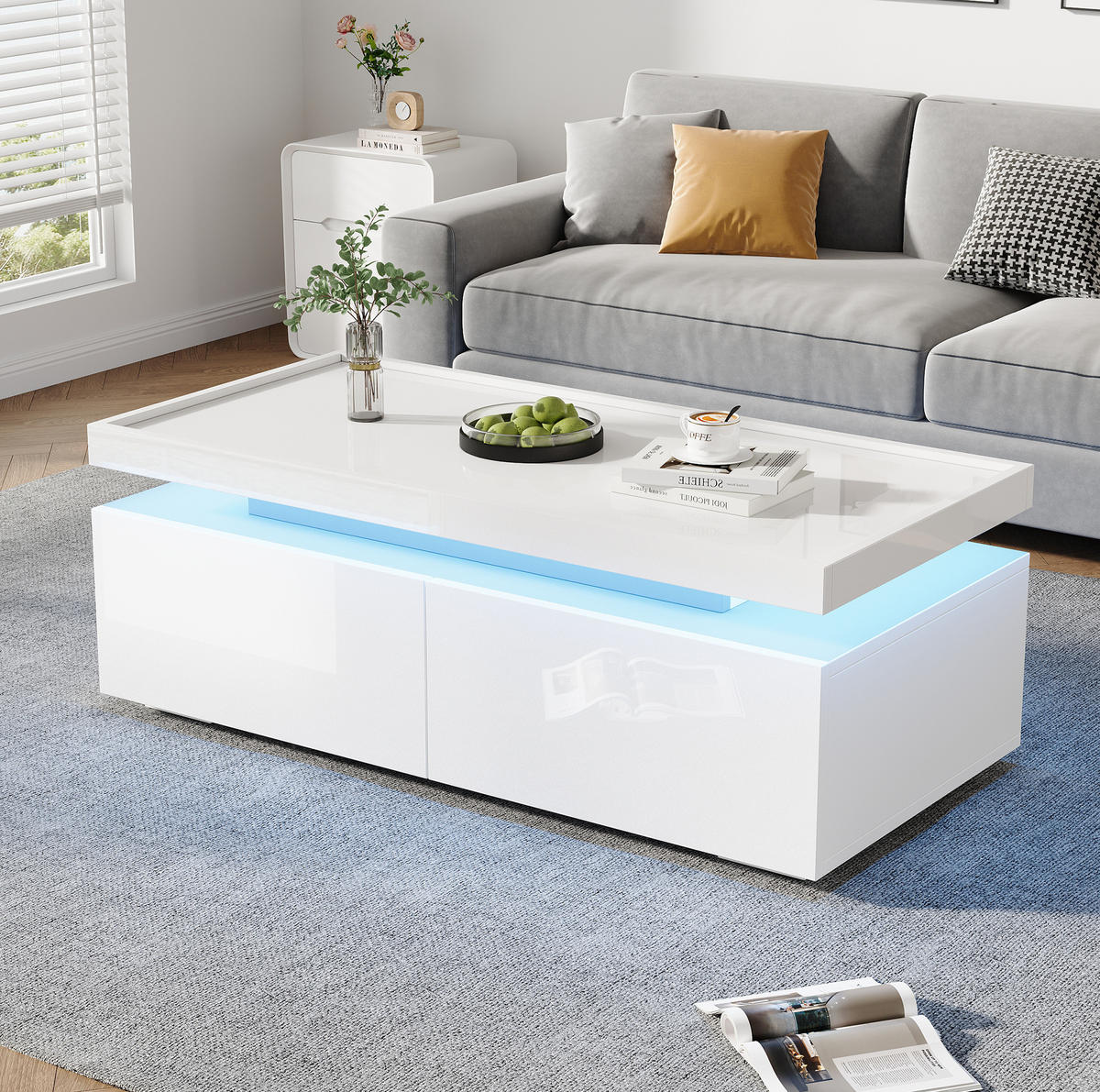 COUCHTISCH mit LED 95 x 45 x 35 cm Hochglanz Weiß - Weiß, Holzwerkstoff (95/45/35cm) - Meubliv