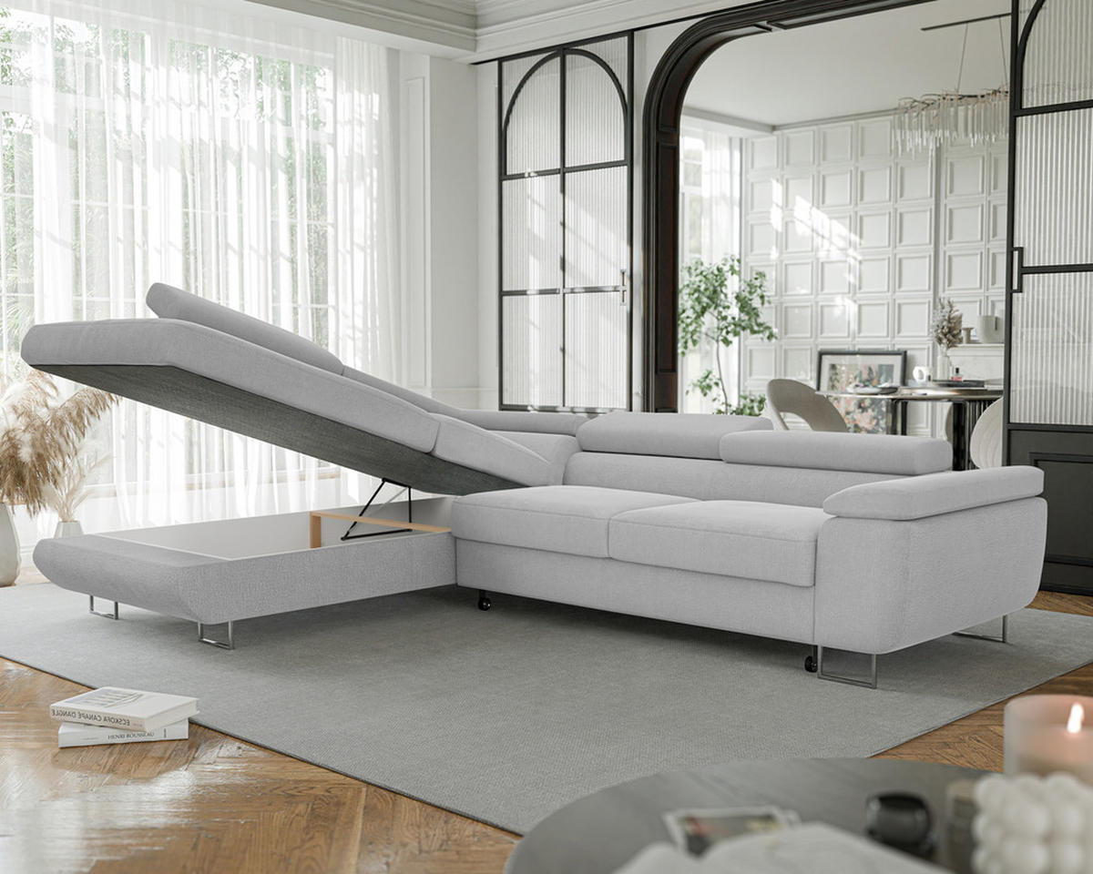 ECKSOFA ANTON mit Schlaffunktion und Bettkasten Hellgrau - Hellgrau, Holzwerkstoff/Kunststoff (274/203cm) - Idohome