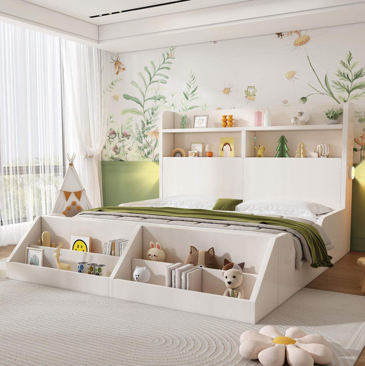 KINDERBETT 140/200 cm weiß aus Holz mit Regal und Nachtlichtern - Weiß, Holzwerkstoff (140/200cm) - OKWISH