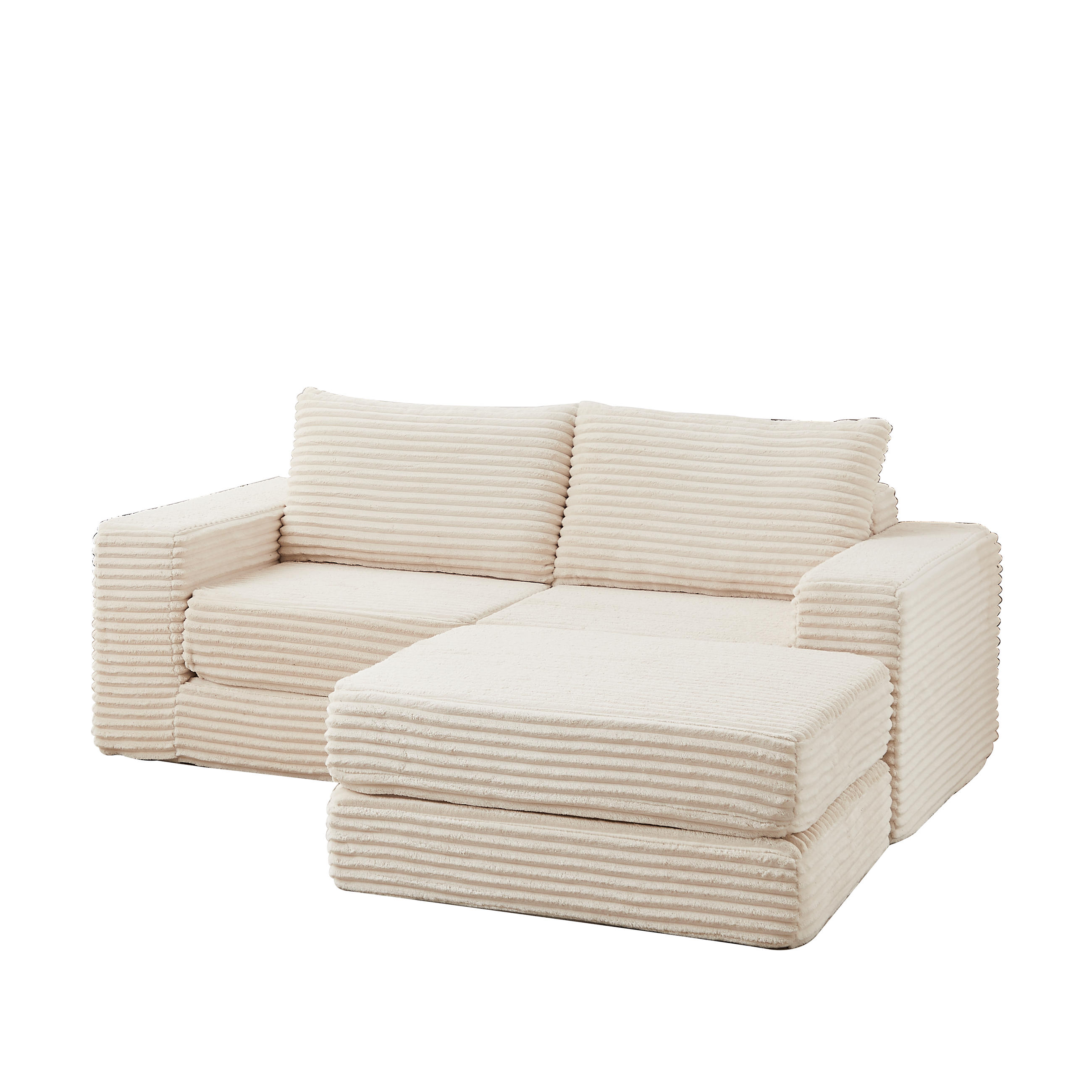 SCHLAFSOFA 2-in-1 aus Cord mit Hocker und 2 Kissen - Beige, Textil (194/74/169.5cm)