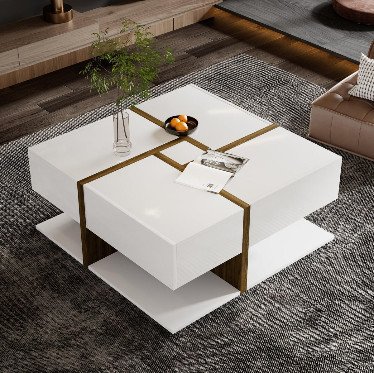 COUCHTISCH, Hochglanz weiß mit 4 Schubladen und Ablage, 78/78/34,8 cm, Weiß und Naturfarben - Naturfarben, Holzwerkstoff (78/78/34.8cm) - Redom