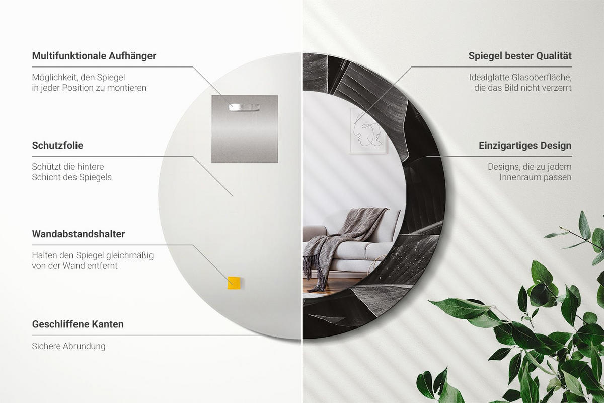 SPIEGEL Rund Ø 50 cm mit Aufdruck - Grau, Glas (50/50/0.4cm) - Wallfluent