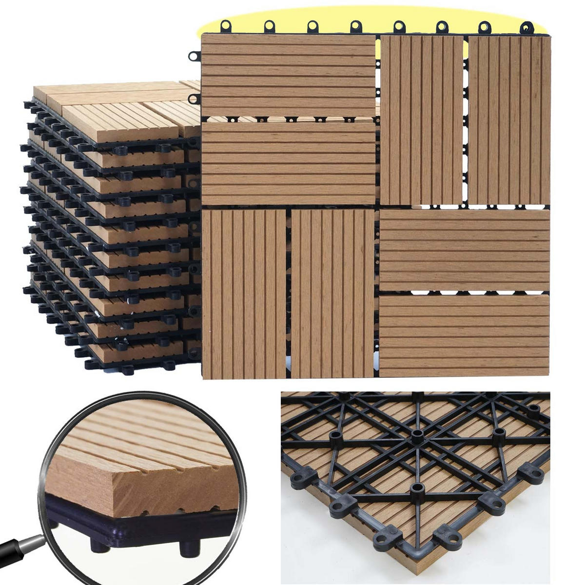 WPC BODENFLIESE 11x 30x30cm Premium Teak Vierecke - Teakfarben, Kunststoff (30/30/2cm) - BERLINLODGE
