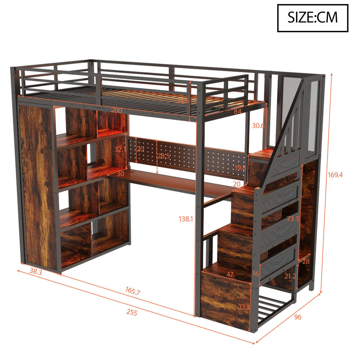 HOCHBETT 90/200 cm mit Stauraumtreppe, Schreibtisch, LED-Beleuchtung und Kleiderschrank, Schwarz - Schwarz, Holzwerkstoff (90/200cm) - Redom