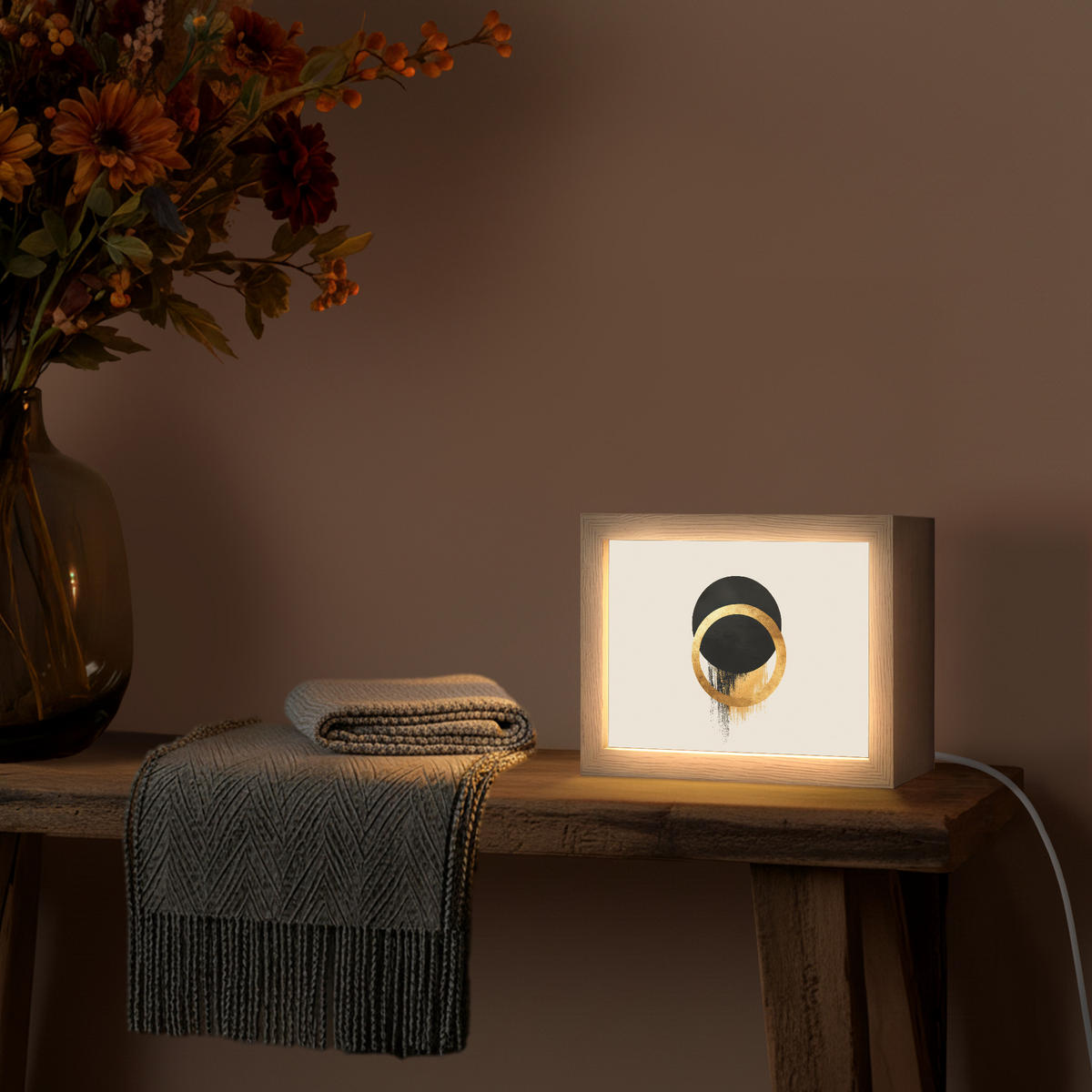 NÁSTĚNNÁ LAMPA Abstraktní design - Černý kruh - Skvrny od barvy 20x15 cm - krémová, kompozitní dřevo (20/15/8cm) - OnlyWow