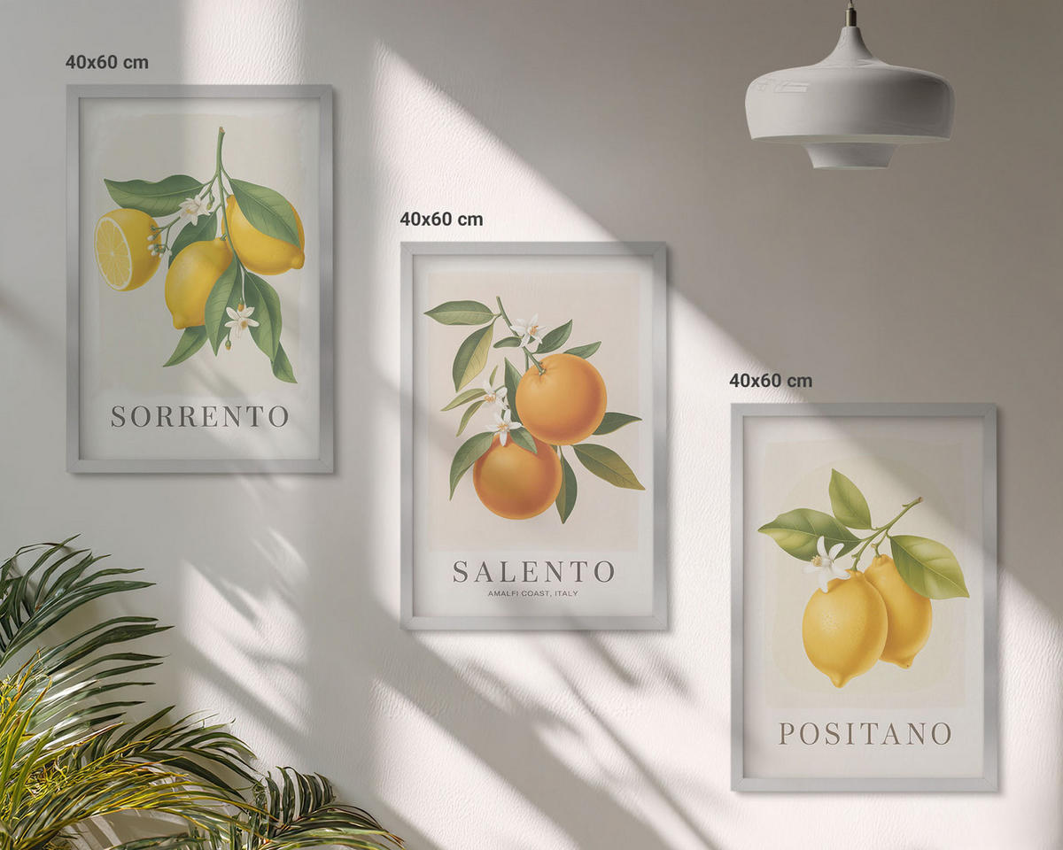 WANDBILDER 3er Set - 40x60 cm Silberner Rahmen - Amalfi-Zitronen und -Orangen - Silberfarben, Kunststoff (40/60cm) - ArtPrintCave