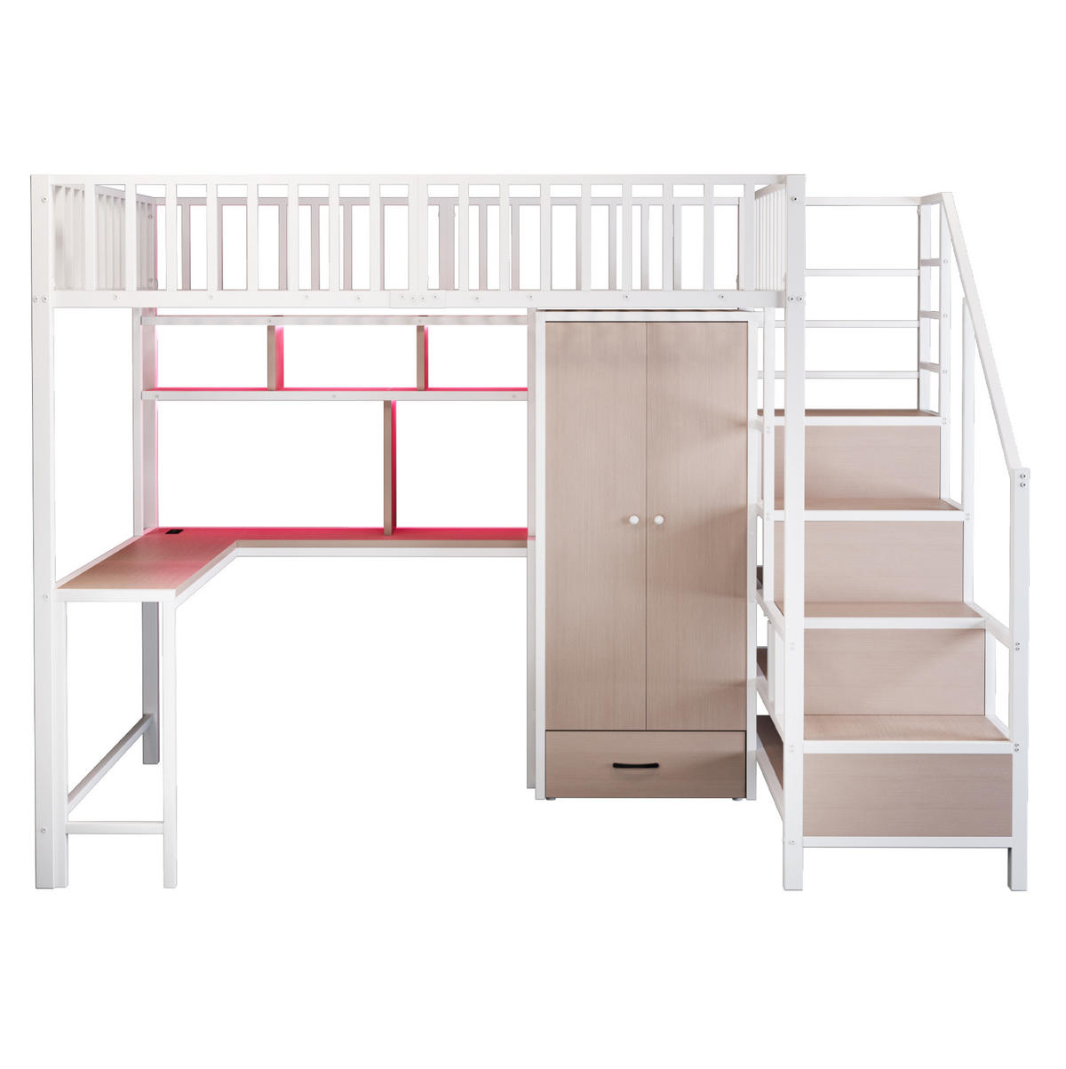 HOCHBETT 140/200 cm aus Metall/MDF mit Schreibtisch, Kleiderschrank und LED-Beleuchtung Weiß - Weiß, Metall (140/200cm) - Modenvie