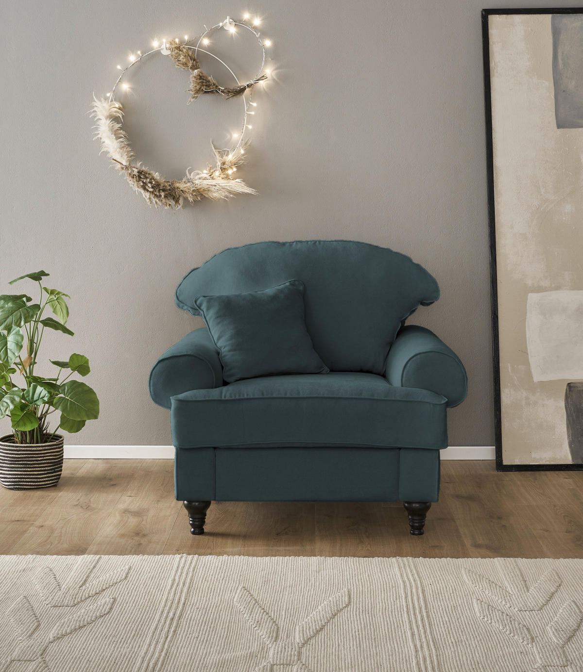 SESSEL blaugrün Landhaus, Loungesessel 110 cm - Dunkelgrün/Braun, Holz/Textil (110/95/100cm) - Furn.Design