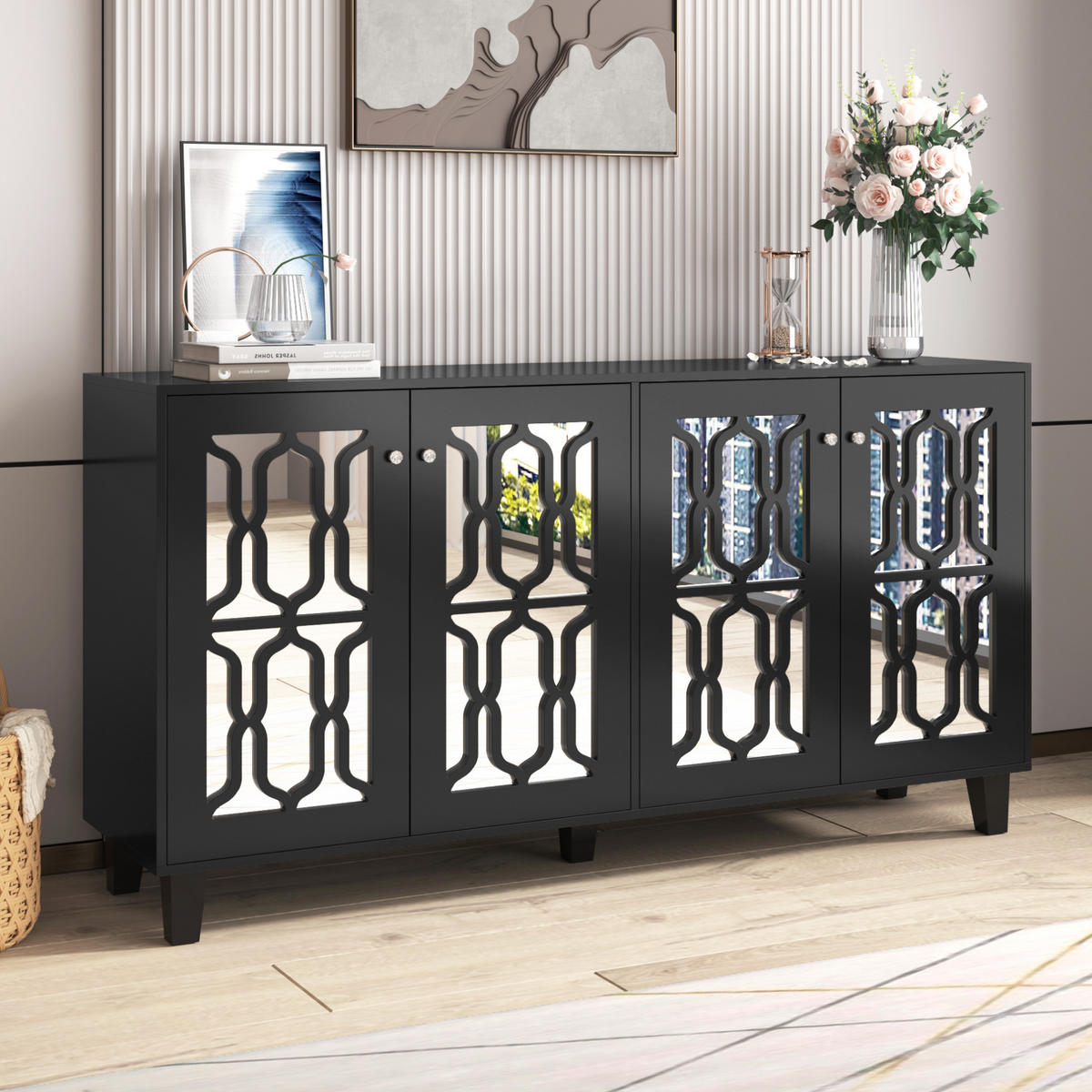 SIDEBOARD 160/40/84 cm mit 4 Türen in Schwarz mit Spiegeloptik - Schwarz, Holzwerkstoff (160/84/40cm) - BEAOK
