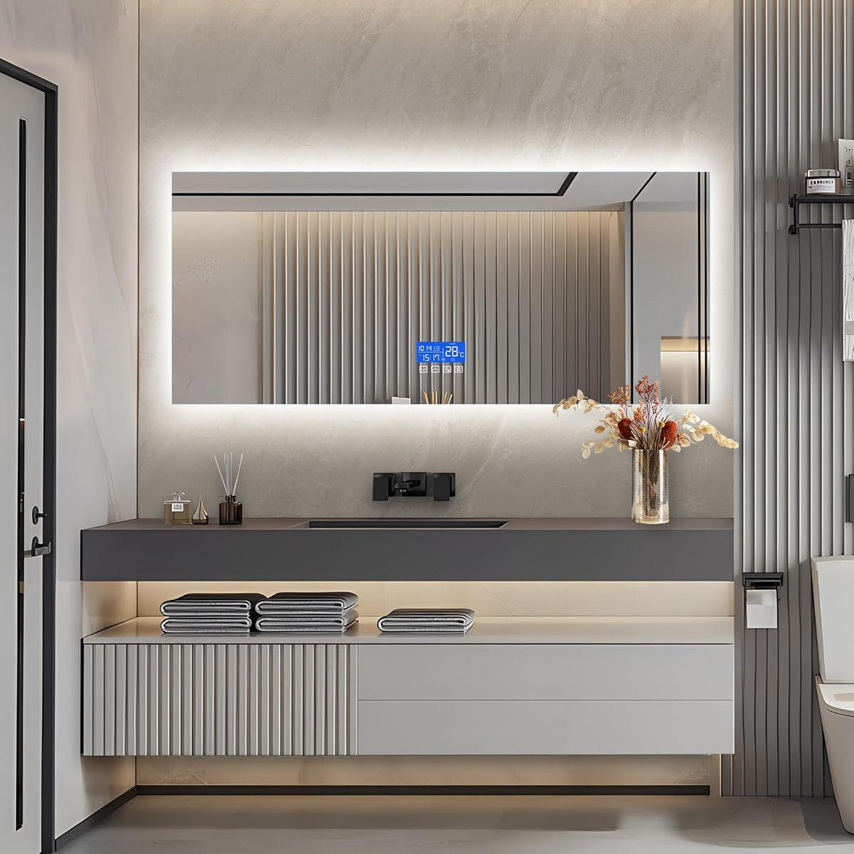 BADEZIMMERSPIEGEL mit LED, Rechteck 80 x 120 cm, Anti-Beschlag, Temperaturanzeige und 3 Anpassbare Helligkeit - Transparent, Glas (120/4/80cm)