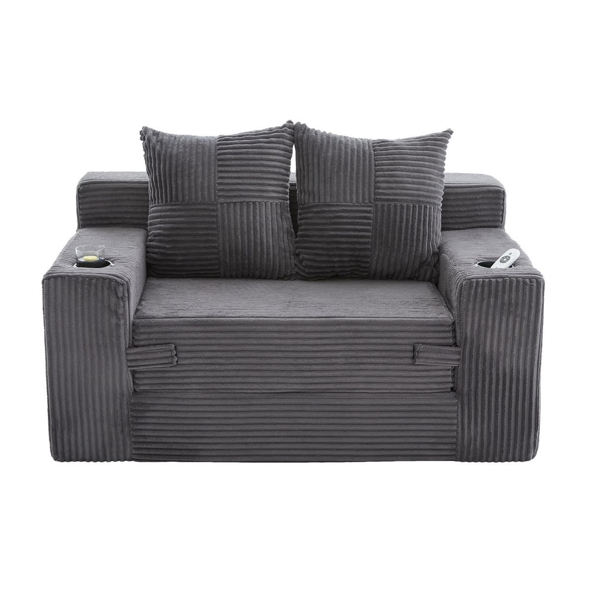 1,5-SITZER ausklappbar, Getränkehalter/Seitentasche, Cord, Grau - Grau, Textil (133/64/87cm) - LVHOM
