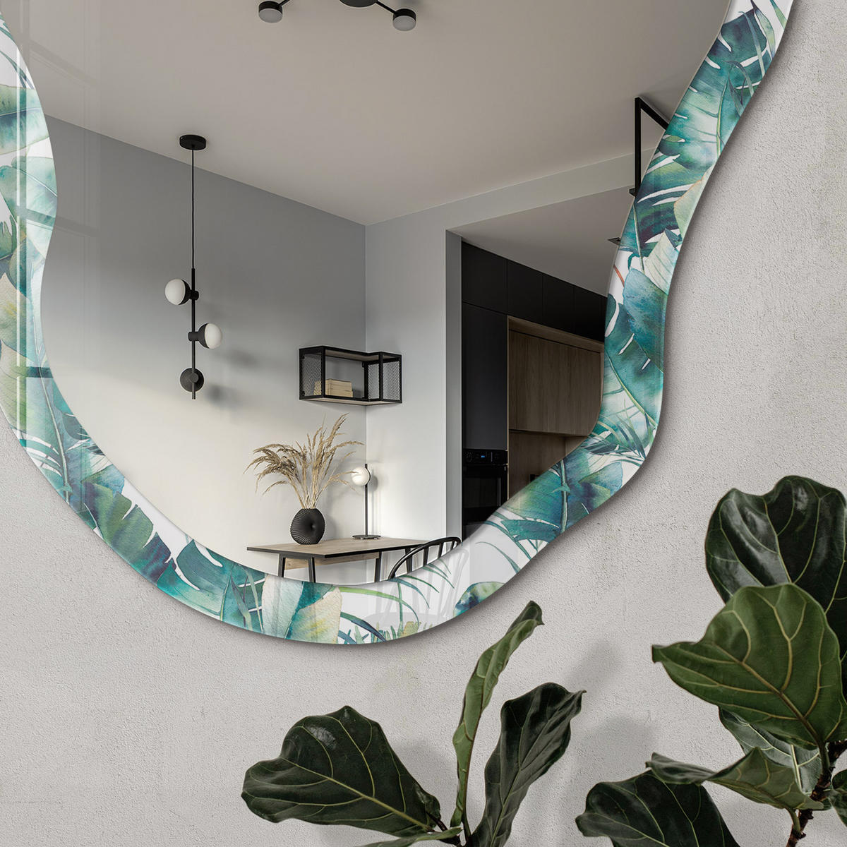 SPIEGEL 90x45 cm asymmetrisch mit Druck - Tropische Blätter - Transparent, Glas (45/90/0.4cm) - TULUP