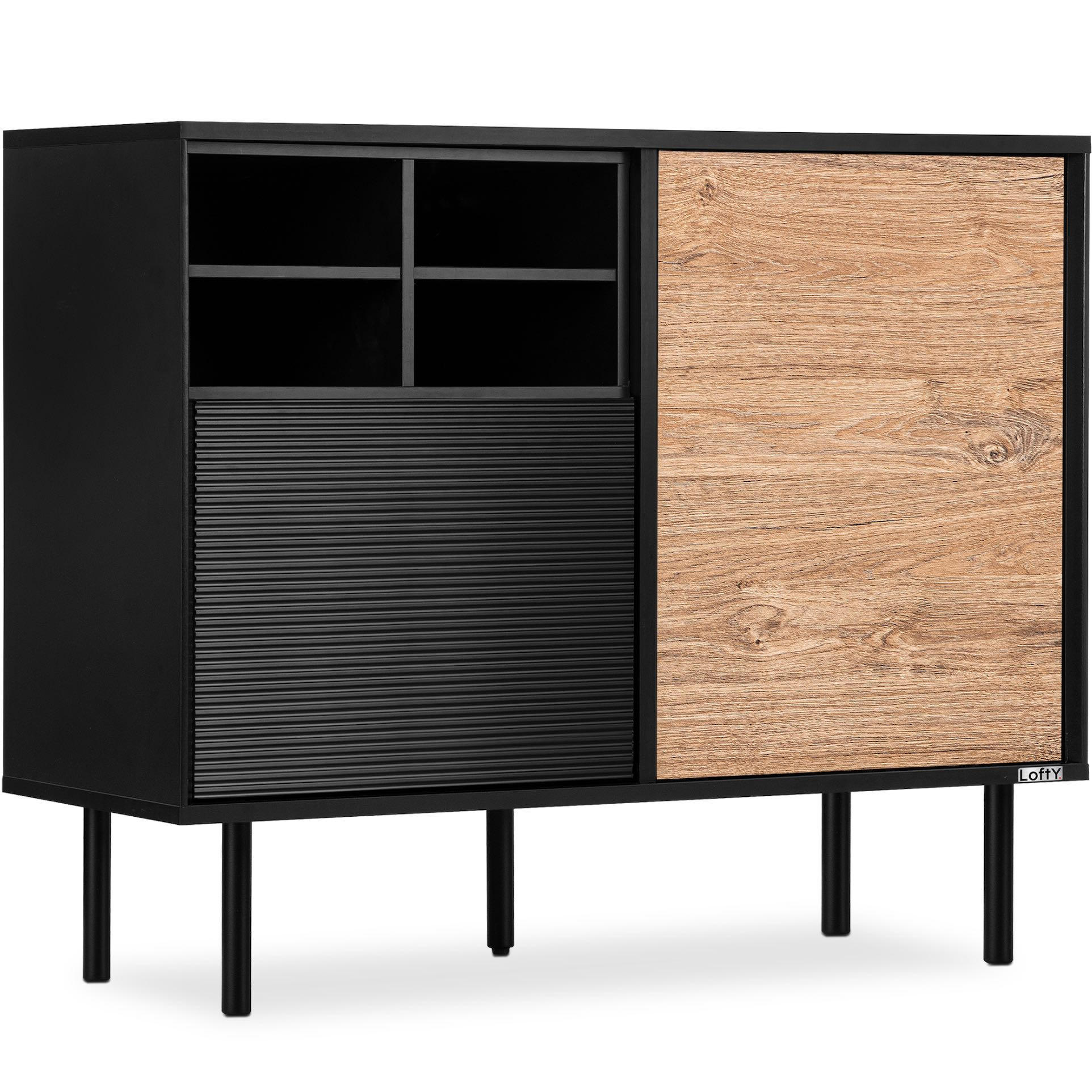 KOMMODE LOFTY Kreuzeinlage, schwarz / Eiche natur - Eichefarben/Schwarz, Holzwerkstoff (102/83/41cm) - KONSIMO®