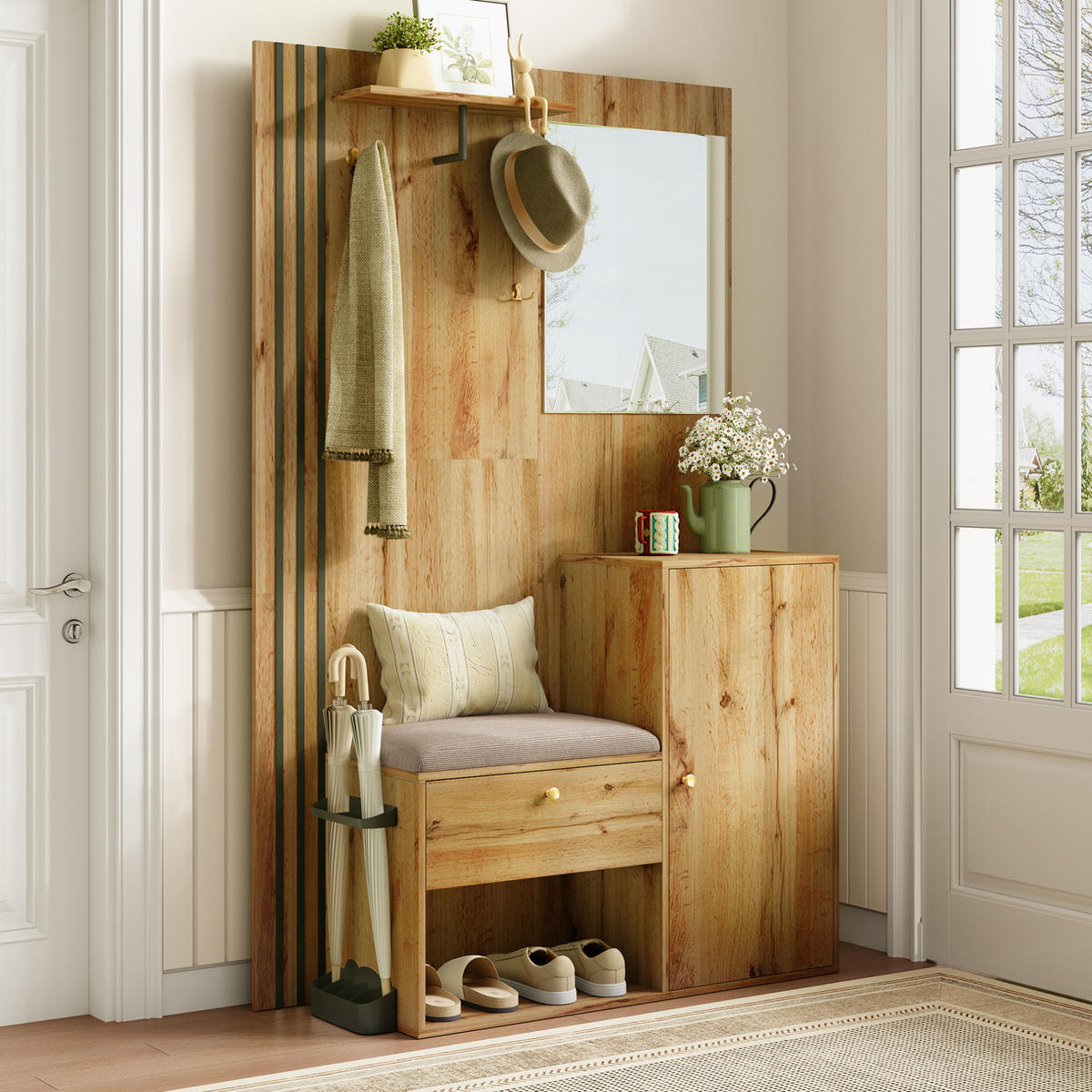 SCHUHSCHRANK aus MDF 115x37x185cm in Natural mit Spiegel & Sitzpolster - Naturfarben, Holzwerkstoff (115/185/37cm) - Modfu