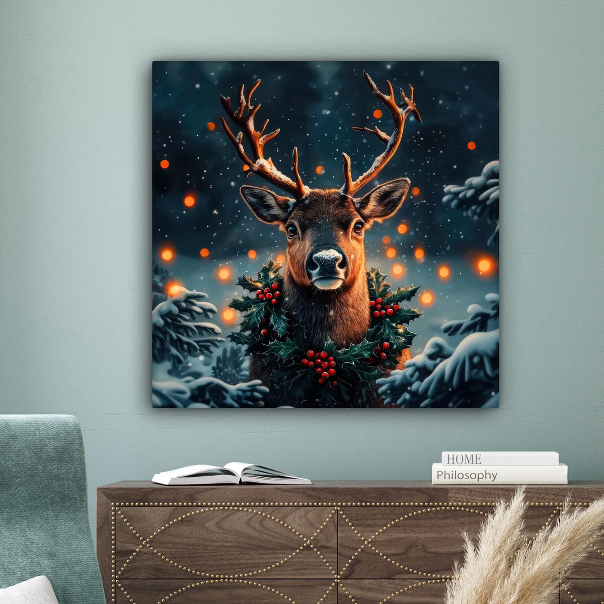 LEINWANDBILD Hirsch - Weihnachten - Winter - Schnee - Weihnachtskranz Deko Groß 90x90 cm - Dunkelbraun, Textil (90/90cm) - MuchoWow