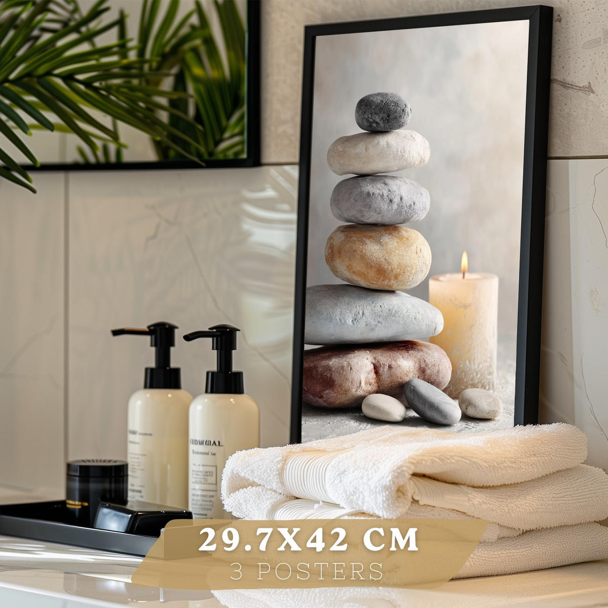 POSTER 3er-Set dekorative Badezimmer Kunstdrucke, Zen-Spa-Stil, minimalistische Bilder mit Steinen, Kerzen und Blumen, Schwarzer Rahmen A3 - Schwarz, Papier (42/29.7/3cm) - Nacnic