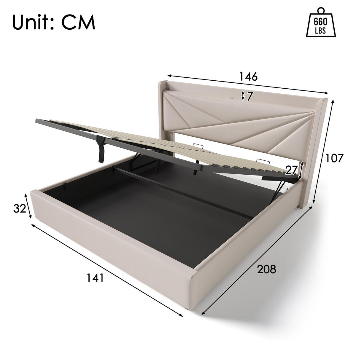 POLSTERBETT mit Bettkasten und USB/Typ-C 140x200 cm Beige inkl. Lattenrost - Beige, Metall (140/200cm) - Meubliv