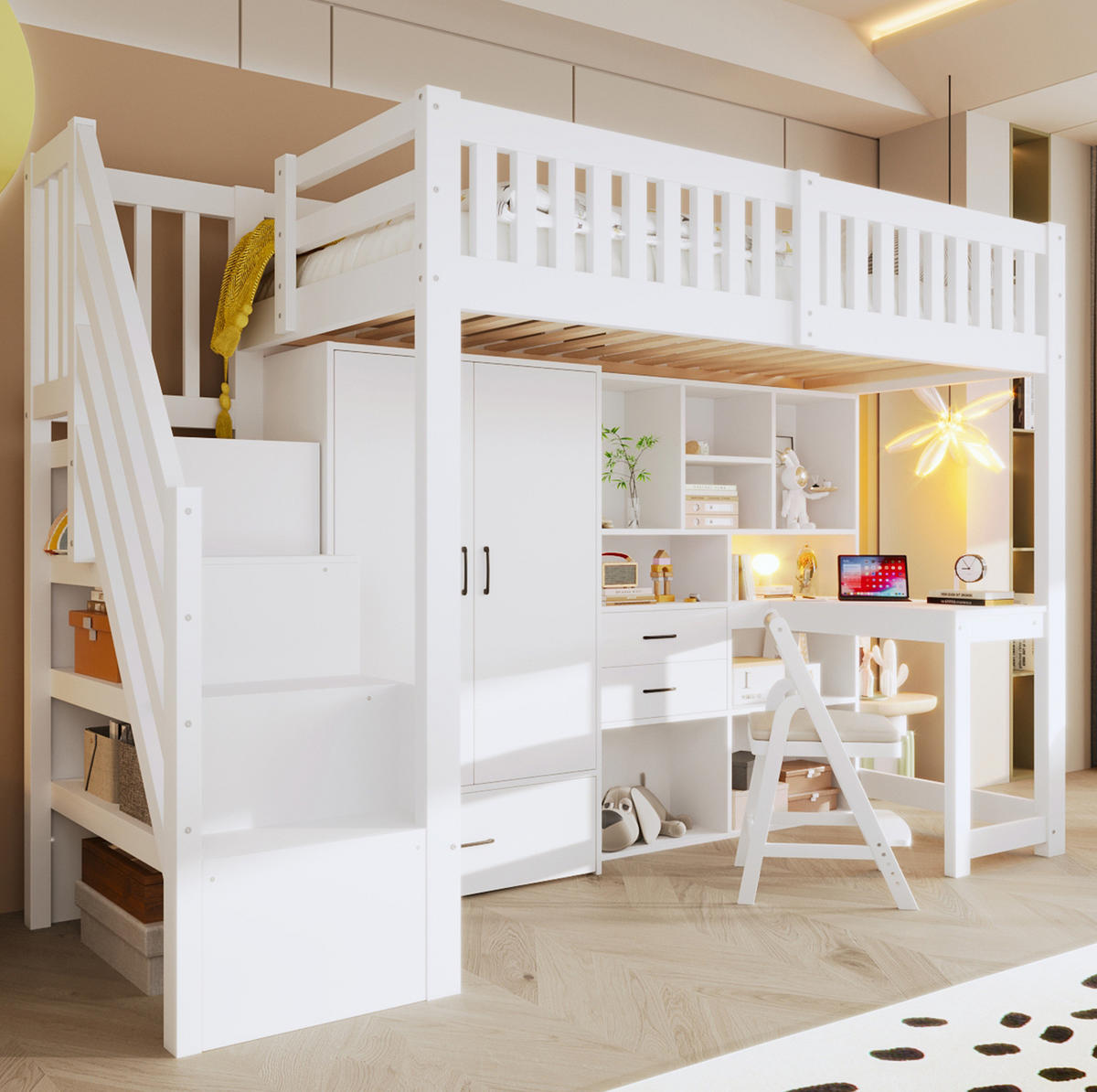HOCHBETT 90/200 cm mit Schreibtisch, Ablageleiter, Kleiderschrank und Schubladen aus Kiefernholz, Weiß - Weiß, Holz (90/200cm) - Redom